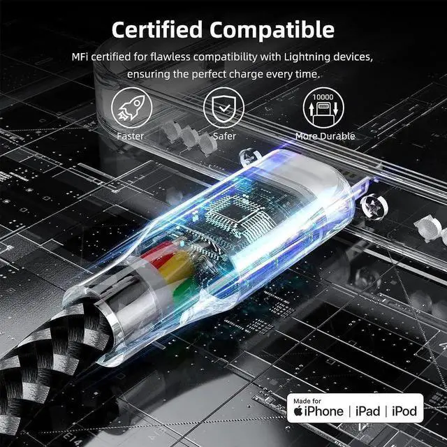 Alt view image 2 of 7 - JAENFONGiPhone Charger Fast Charging Cord 3 Pack 10 FT Apple MFi Certified Lightning Cable Nylon Braided iPhone Charger Cord Compatible with iPhone 13 12 11 Pro Max XR XS X 8 7 6 Plus SE iPad and More