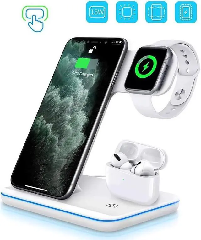 Main image of JAENFONG Wireless Charger 3 in 1 Charger Stand 15W QI Fast Charging Station for Apple iWatch Series 5/4/3/2/1,AirPods, Compatible with iPhone 11 Series/XS MAX/XR/XS/X/8/8 Plus/Samsung White