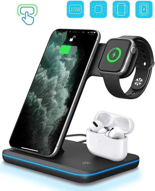 Main image of JAENFONG  Wireless Charger 3 in 1 Charger Stand 15W QI Fast Charging Station for Apple iWatch Series 5/4/3/2/1,AirPods, Compatible with iPhone 11 Series/XS MAX/XR/XS/X/8/8 Plus/Samsung