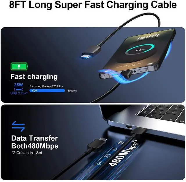 Alt view image 2 of 6 - JAENFONG Super Fast Charger Type C, 25W USB C Wall Charger Fast Charging for Samsung Galaxy S25 Ultra/S25/S25+/S24+/S24 Ultra/S24/S23 Ultra/S22 Ultra/S21 Ultra with 8FT Long Type C Charger Cable 2Pack