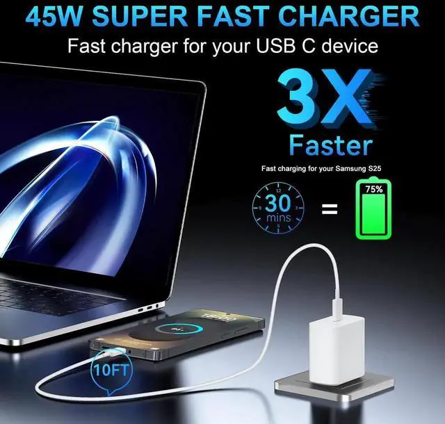 Alt view image 6 of 6 - iPhone 17 16 Pro Max Charger Fast Charging,45W USB C Fast Charger Block With Extra Long 10FT Type C Charger Fast Charging Cable for iPhone 17 Pro Max/17 Pro/iPhone Air/17/16//16 Pro Max/Samsung