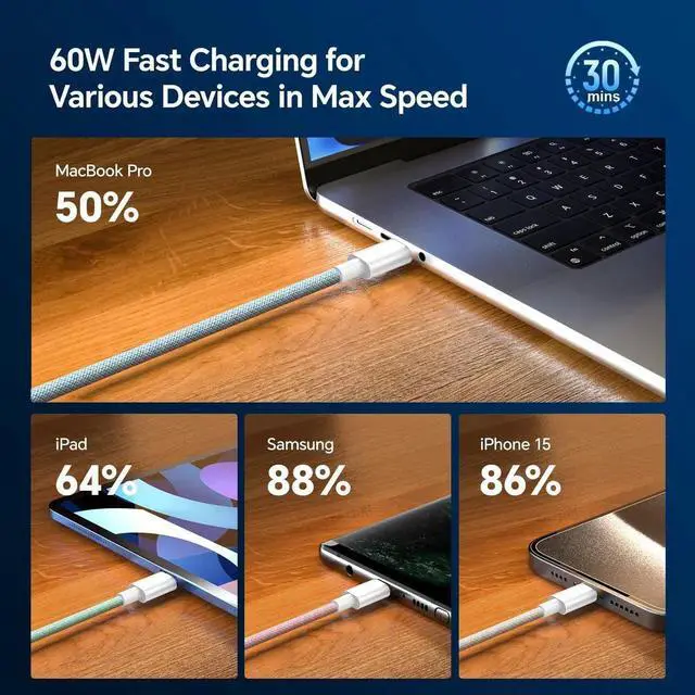 Alt view image 6 of 7 - JAENFONG USB C to USB C Cable(3 Pack 6.6ft), 60W USB C Charger Cable Type C Fast Charging Cable Long Nylon Braided Cord Compatible with iPhone 15 Pro Max Plus iPad Samsung S23 and More