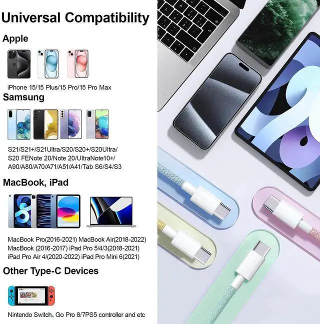 Alt view image 7 of 7 - USB C Cable, 3 Pack 6FT 60W USB C to USB C Charger Cable 48 Strand Braided Colorful Type C Fast Charging Cable Cord Compatible with iPhone16/15/Pro/Max/Plus/MacBook/iPad Pro/Air/Samsung/Android