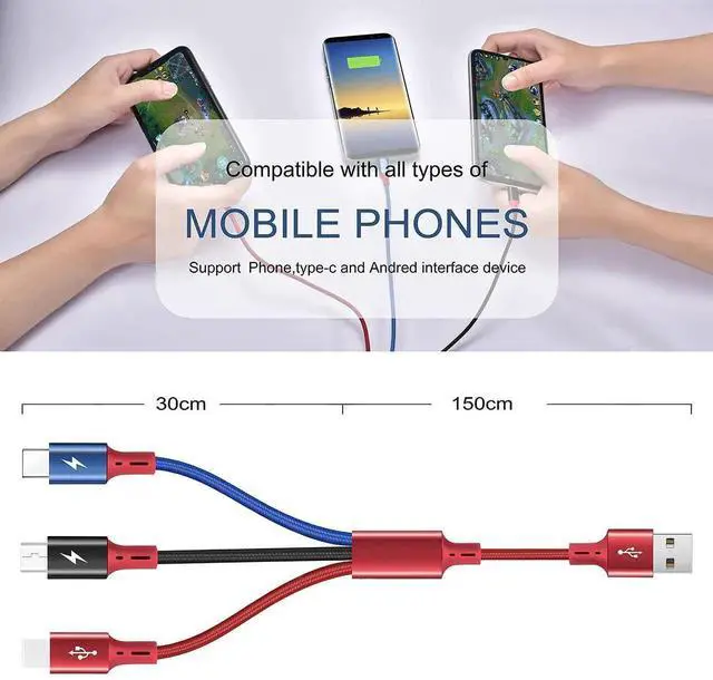 Alt view image 2 of 7 - JAENFONG 3Pack 5Ft Multiple Charging Cable 3-in-1 Braided Multi Charger Cord Fast Charging Cable Multi Charger Cable for Type C/Micro USB Port for Cell Phones/iPhone 16 15 14 13/ Samsung/PS/Tablets