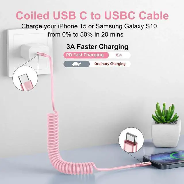 Alt view image 2 of 7 - JAENFONG USB C to C Cable 3FT for Car, Coiled USB C Fast Charging Cable for iPhone 17/16/15, 2Pack Type C Cord for iPhone 15/Plus/Pro/Pro Max/Samsung Galaxy S23-Pink