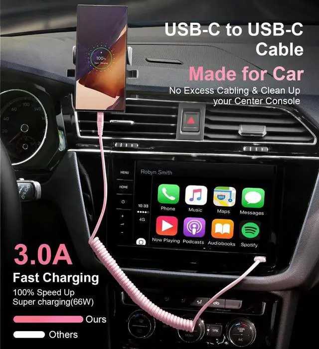 Alt view image 6 of 7 - JAENFONG USB C to C Cable 3FT for Car, Coiled USB C Fast Charging Cable for iPhone 17/16/15, 2Pack Type C Cord for iPhone 15/Plus/Pro/Pro Max/Samsung Galaxy S23-Pink