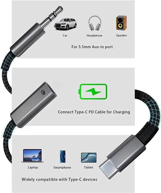 Alt view image 7 of 7 - USB C to 3.5mm Aux Cord for Car with Charging 4FT, 2-in-1 USB-C to 3.5mm Headphone Audio Jack Adapter and Charger,Type C aux Cable dongle for Stereo, Speaker, Galaxy S20 S21 S22 A53 and More (4FT)