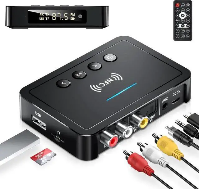 Main image of JAENFONG Bluetooth Transmitter, 3-in-1 Bluetooth 5.0 Transmitter Receiver Adapter, FM Transmitter with RCA/AUX Cable, Wireless Audio Adapter for Stereo System/TV/PC/Headphones/Speakers