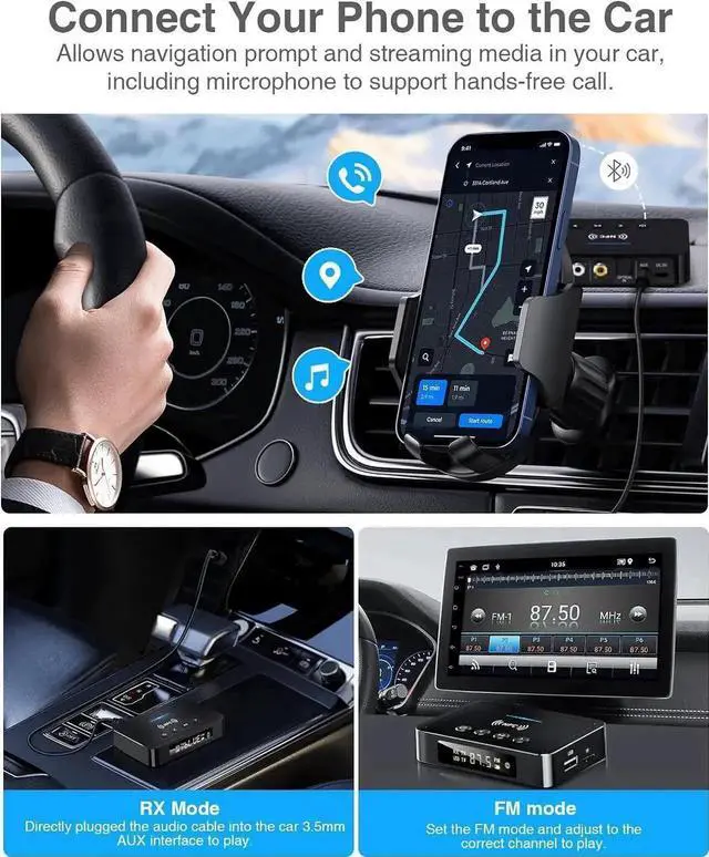 Alt view image 6 of 7 - JAENFONG Bluetooth Transmitter, 3-in-1 Bluetooth 5.0 Transmitter Receiver Adapter, FM Transmitter with RCA/AUX Cable, Wireless Audio Adapter for Stereo System/TV/PC/Headphones/Speakers