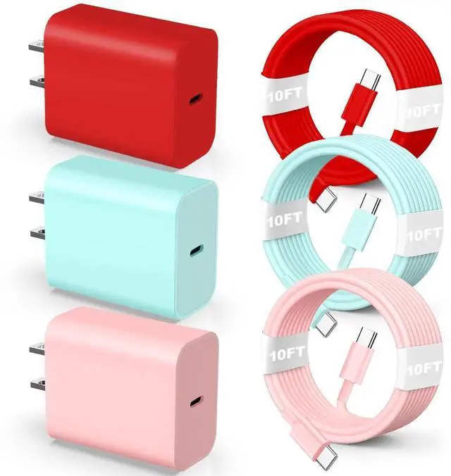 Main image of JAENFONGCompatible with iPhone 17 16 15 Fast Charging Cable 10Ft,3Pack 60W USB C to USB C Fast Charging Cable Cord for Phone 17 16 15/15 Pro/15 Pro Max/15 Plus, Pad Pro,MacCBoOok Samsunng-RedGreenPink