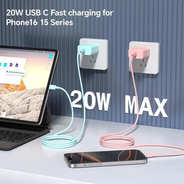 Alt view image 5 of 6 - JAENFONGCompatible with iPhone 17 16 15 Fast Charging Cable 10Ft,3Pack 60W USB C to USB C Fast Charging Cable Cord for Phone 17 16 15/15 Pro/15 Pro Max/15 Plus, Pad Pro,MacCBoOok Samsunng-RedGreenPink