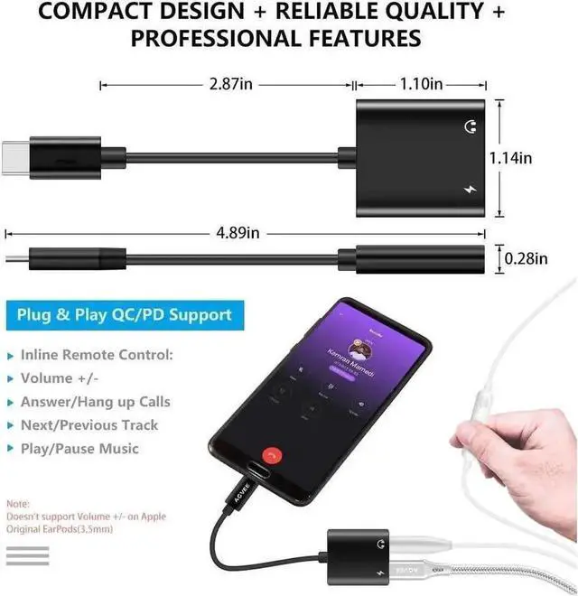Alt view image 5 of 7 - JAENFONG USB-C to 3.5mm Headphones Adapter Type-C Aux Jack Earbuds Splitter USBC Audio TRRS Mic Earphones Dongle PD & QC Charging for Samsung S21 S20 Note 20 10 iPad Pro Pixel 2 3 4 XL Black