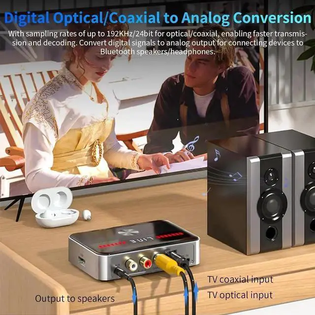 Alt view image 6 of 7 - JAENFONG Bluetooth 5.3 Transmitter Receiver, 2-in-1 Bluetooth Adapter HiFi Audio Bluetooth Receiver, DAC Converter with LED Display RGB Light and NFC 3.5mm AUX RCA Optical Coaxial USB for PC/TV/Car