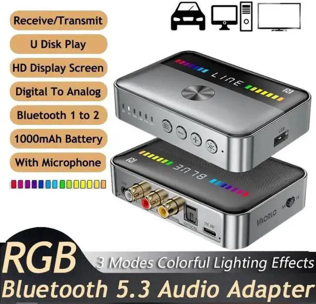 Main image of JAENFONG Bluetooth 5.3 Transmitter Receiver, 2-in-1 Bluetooth Adapter HiFi Audio Bluetooth Receiver, DAC Converter with LED Display RGB Light and NFC 3.5mm AUX RCA Optical Coaxial USB for PC/TV/Car