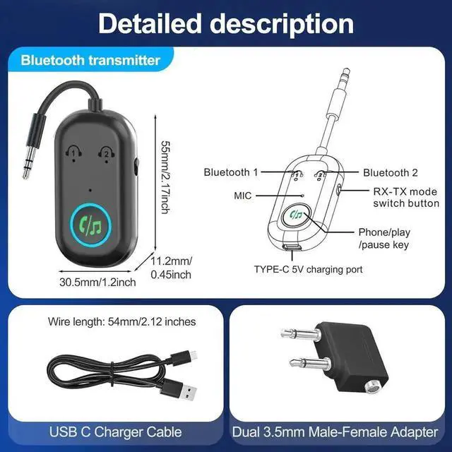 Alt view image 7 of 7 - JAENFONG Bluetooth Transmitter Receiver, Wireless Car/Airplane Bluetooth 5.3 Adapter, Compatible with 2 AirPods or Wireless Headphones, Adapter for TV, Airplane, Headphone, Air-pods, Speaker, Car