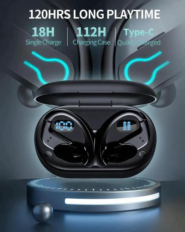 Alt view image 6 of 7 - Wireless Earbuds Bluetooth Headphones 120H Playtime Stereo Ear Buds Bluetooth 5.3 Dual Power Display Sports Headphones with Earhooks IPX7 Waterproof Earbuds with ENC Mic Over-Ear Earphones for Running