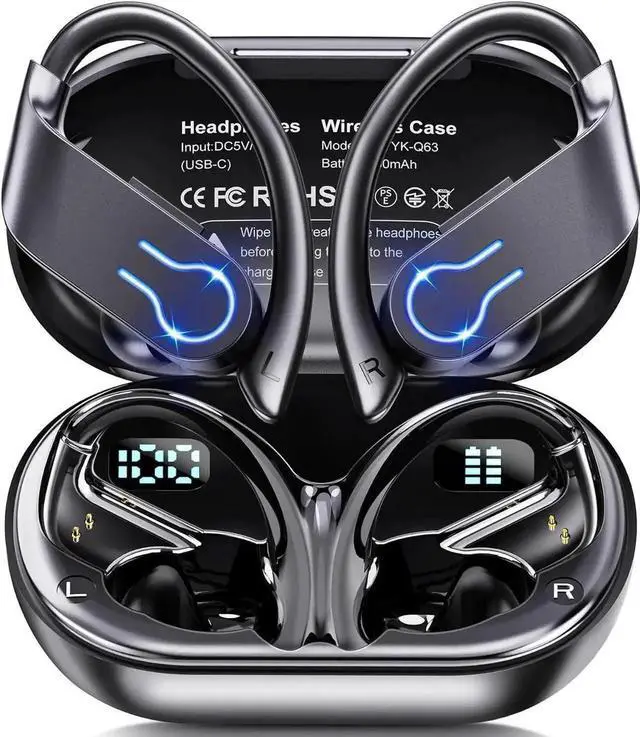 Main image of Wireless Earbuds Bluetooth Headphones 120H Playtime Stereo Ear Buds Bluetooth 5.3 Dual Power Display Sports Headphones with Earhooks IPX7 Waterproof Earbuds with ENC Mic Over-Ear Earphones for Running