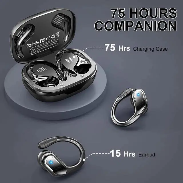 Alt view image 6 of 7 - Wireless Earbuds, 75H Bluetooth 5.4 Headphones Sports with ENC Mic, Stereo Noise Cancelling Ear Buds,Wireless Headphones with Earhooks,LED Display IP7 Waterproof Bluetooth Earphones for Running