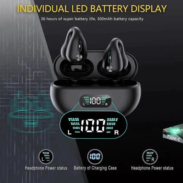 Alt view image 3 of 7 - True Wireless Earbuds, Ear Clip Headphones, Bluetooth 5.3 Open Ear Sport Earbuds for Smartphones,Air Conduction Headphones, Wireless Headset for Cycling,Running Workout, Running, Driving