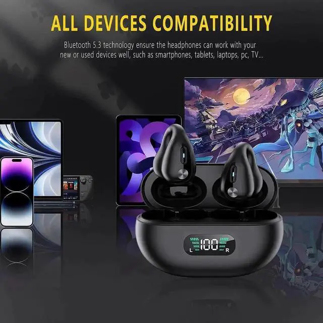 Alt view image 4 of 7 - True Wireless Earbuds, Ear Clip Headphones, Bluetooth 5.3 Open Ear Sport Earbuds for Smartphones,Air Conduction Headphones, Wireless Headset for Cycling,Running Workout, Running, Driving