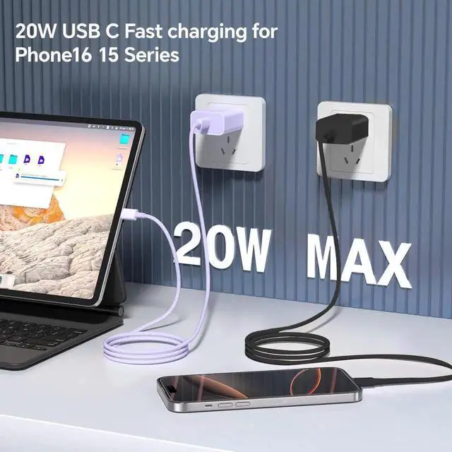 Alt view image 5 of 6 - JAENFONG Compatible with iPhone 16 15 Fast Charging Cable 10Ft,3Pack 60W USB C to USB C Fast Charging Cable Cord for Phone 16 15/15 Pro/15 Pro Max Pad Pro,MacCBoOok Air, Samsunng-GreenPurpleBlack