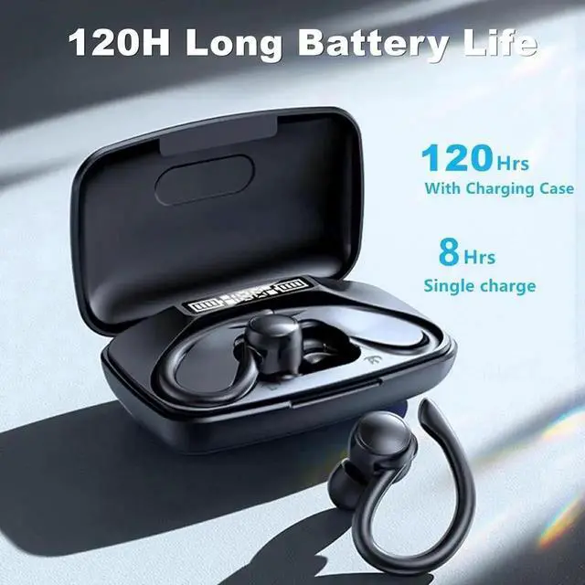 Alt view image 2 of 7 - True Wireless Earbuds, Bluetooth Headphones 120H Playback Wireless Sports Earbuds with Over Ear Earhooks LED Display Charging Case IPX7 Waterproof Bluetooth Earphones for Running Workout, Black