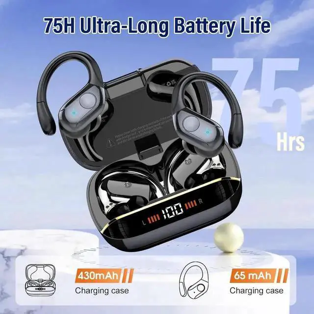 Alt view image 7 of 7 - Wireless Earbuds Bluetooth 5.4 Headphones 75H Playtime Stereo Deep Bass Sports Ear Buds with Earhooks, LED Display Bluetooth Earbuds with 4 ENC Mic, IP7 Waterproof Earphone for Workout/Running