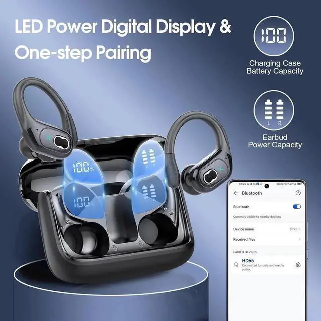 Alt view image 6 of 7 - JAENFONG Wireless Earbuds 75hrs Bluetooth 5.4 Headphone Sport, Bluetooth Earbuds Stereo Deep Bass Over Ear Bud with Earhooks, ENC Noise Cancelling Mic, IPX7 Waterproof Earphone for Workout/Running