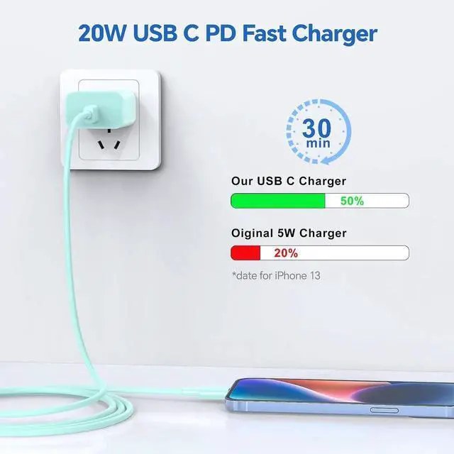 Alt view image 5 of 7 - JAENFONG for iPhone Fast ChargerMFi Certified 3 Pack 20W PD USB C Wall Charger Adapter with 6FT USB C to ightning Cord Fast Charging Cable Compatible with iPhone 14/13/12/11/Pro/Pro Max/Xs/Xr/X, Blue