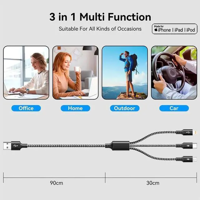 Alt view image 5 of 7 - JAENFONG 3 in 1 Multiple Charging Cable, Braided Multi Charger Cord Fast Charging Cable Universal USB Cable with Type C/Micro USB Port for Cell Phones, iPhone 16 15 14 13 Series (3, Black, 4Ft)