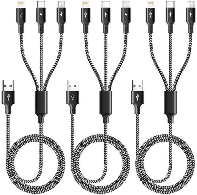 Main image of JAENFONG 3 in 1 Multiple Charging Cable, Braided Multi Charger Cord Fast Charging Cable Universal USB Cable with Type C/Micro USB Port for Cell Phones, iPhone 16 15 14 13 Series (3, Black, 4Ft)
