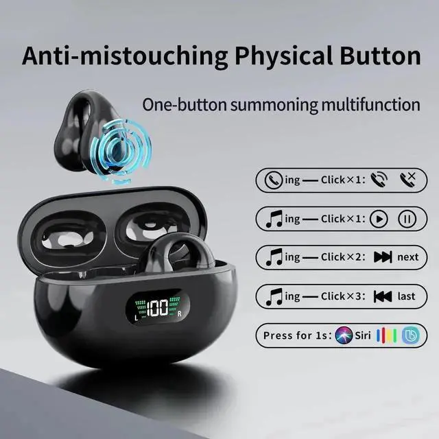 Alt view image 6 of 7 - JAENFONG Clip-On Wireless Earbuds Bone Conduction, Wireless Bluetooth V5.3 Open Ear Headphones, 80 Hours Playtime with Charging Case, IPX4 Waterproof Earphones Sport Cycling Running Work Earbud Hooks