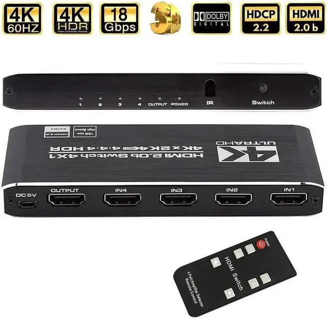 Main image of JAENFONG 4K HDMI Switch 4x1, 4 Port HDMI Selector Switcher 4 in 1 Out with IR Remote Control Support 4K@60Hz, 4Kx2K, HDR, HDMI 2.0b, HDCP 2.2, 3D, 1080P