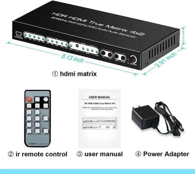 Alt view image 7 of 7 - 8K 4x2 HDMI Matrix, 4 in 2 Out HDMI 2.1 Matrix HDMI Video Switcher Splitter + Optical & L/R Audio Output,Support 4K @120Hz,HDR10 HDCP2.3 Do-l-by Vision Atmos SPDIF 5.1CH ARC with IR Remote Control