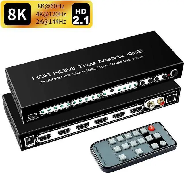 Main image of 8K 4x2 HDMI Matrix, 4 in 2 Out HDMI 2.1 Matrix HDMI Video Switcher Splitter + Optical & L/R Audio Output,Support 4K @120Hz,HDR10 HDCP2.3 Do-l-by Vision Atmos SPDIF 5.1CH ARC with IR Remote Control