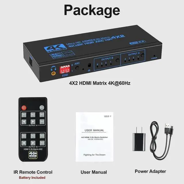Alt view image 2 of 7 - JAENFONG 4K@60Hz HDMI Matrix Switch 4X2 with ARC, 4 in 2 Out Matrix HDMI Video Switcher Splitter + Optical & 3.5mm Stereo Audio, Scaler 4K 1080P Synch, HDMI Audio Extractor with IR Remote Control