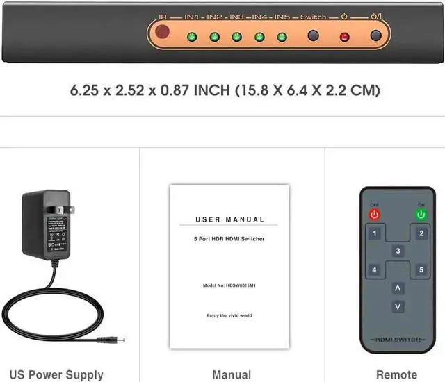 Alt view image 3 of 7 - JAENFONG 5 Port 4K HDMI Switch with Remote Premium 5 in 1 Out 4K @60Hz HDMI2.0 Switcher Selector, Support HDR 10, HDCP 2.2, Dolby Vision/ Atmos, Auto-Switch, 18Gbps, CEC, 1080P/3D