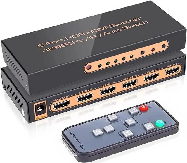 Main image of JAENFONG 5 Port 4K HDMI Switch with Remote Premium 5 in 1 Out 4K @60Hz HDMI2.0 Switcher Selector, Support HDR 10, HDCP 2.2, Dolby Vision/ Atmos, Auto-Switch, 18Gbps, CEC, 1080P/3D