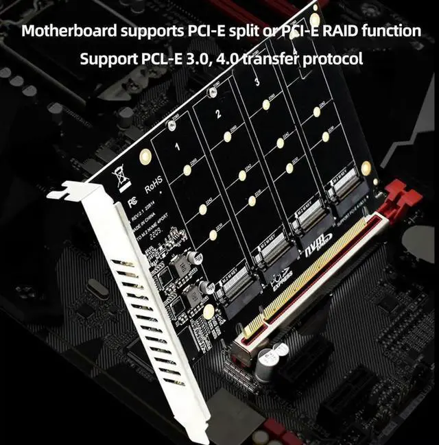 Alt view image 2 of 4 - 4 Port M.2 NVME SSD To PCIE X16 Adapter Card PCIE Split/PCIE RAID LED Indicator Support M.2 PCI-E SSD/M.2 Device NVME Protocol