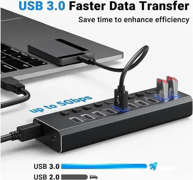 Alt view image 2 of 5 - Powered USB 3.0 Hub, 16-Port Powered USB Hub 3.0 with Individual Switch, Aluminum Alloy Fast Charging USB 3.0 Hub Expander Compatible with All USB Devices Laptops Desktops12V 4A Power Adapter
