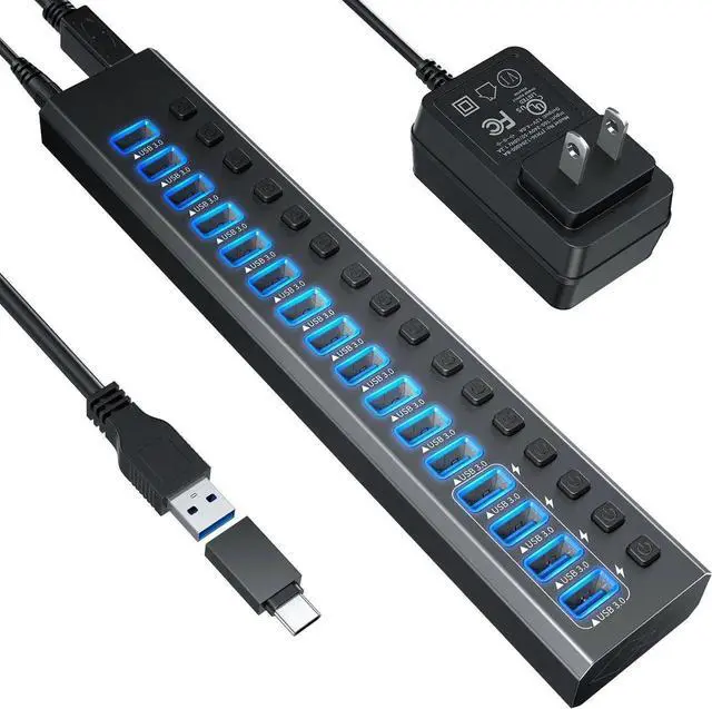 Main image of Powered USB 3.0 Hub, 16-Port Powered USB Hub 3.0 with Individual Switch, Aluminum Alloy Fast Charging USB 3.0 Hub Expander Compatible with All USB Devices Laptops Desktops12V 4A Power Adapter