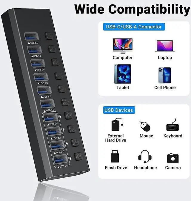 Alt view image 5 of 7 - Powered USB 3.0 Hub, 10-Port Powered USB Hub 3.0 with Individual Switch, Aluminum Alloy Fast Charging USB 3.0 Hub Expander Compatible with All USB Devices Laptops Desktops12V 4A Power Adapter
