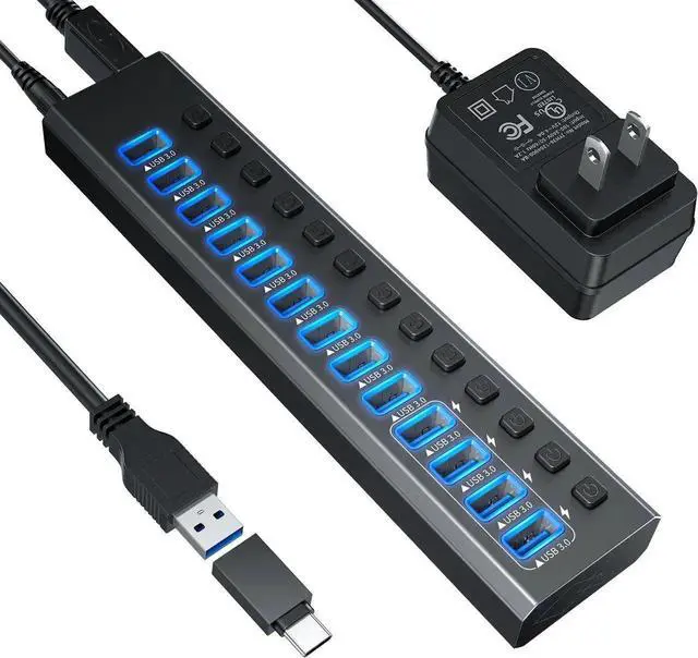 Main image of Powered USB 3.0 Hub, 13-Port Powered USB Hub 3.0 with Individual Switch, Aluminum Alloy Fast Charging USB 3.0 Hub Expander Compatible with All USB Devices Laptops Desktops12V 4A Power Adapter