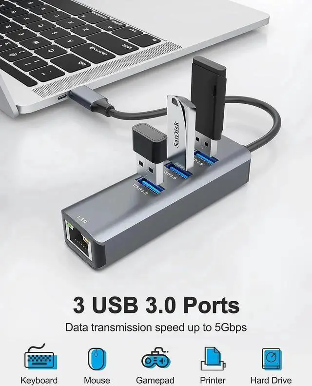 Alt view image 3 of 7 - JAENFONG Ethernet to USB C Adapter, 4-in-1 Aluminum USB C to Ethernet Adapter, with 3 USB 3.0 Ports, for MacBook Pro 2019/2018/2017, Chromebook, Linux, and More Type C Devices