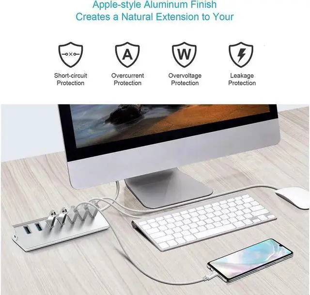 Alt view image 4 of 6 - JAENFONG 3.0 Hub 7 Ports,KEHIPI Aluminum USB Hub 3.0 with 5V/4A 20W Power Adapter and 4.9Ft USB Cable, USB Hub for MacBook, Mac Pro, Mac Mini, Laptop, Desktop