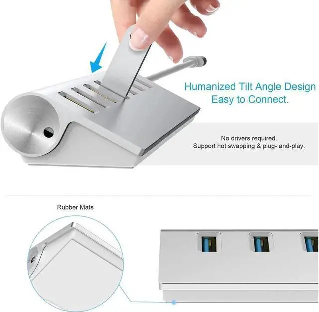 Alt view image 6 of 6 - JAENFONG 3.0 Hub 7 Ports,KEHIPI Aluminum USB Hub 3.0 with 5V/4A 20W Power Adapter and 4.9Ft USB Cable, USB Hub for MacBook, Mac Pro, Mac Mini, Laptop, Desktop