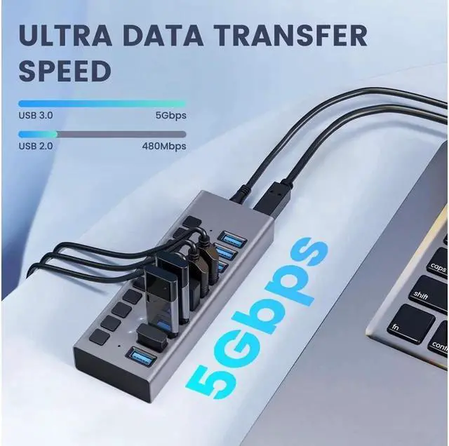 Alt view image 2 of 7 - USB Hub - KEHIPI 10 Ports 90W USB 3.0 Data Hub, Individual On/Off Switches, 12V/7.5A Power Adapter, 5Gbps High Speed, USB 3.0 Splitter for Laptop, PC, Computer, Mobile HDD, Flash Drive