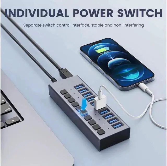 Alt view image 6 of 7 - USB Hub - KEHIPI 10 Ports 90W USB 3.0 Data Hub, Individual On/Off Switches, 12V/7.5A Power Adapter, 5Gbps High Speed, USB 3.0 Splitter for Laptop, PC, Computer, Mobile HDD, Flash Drive