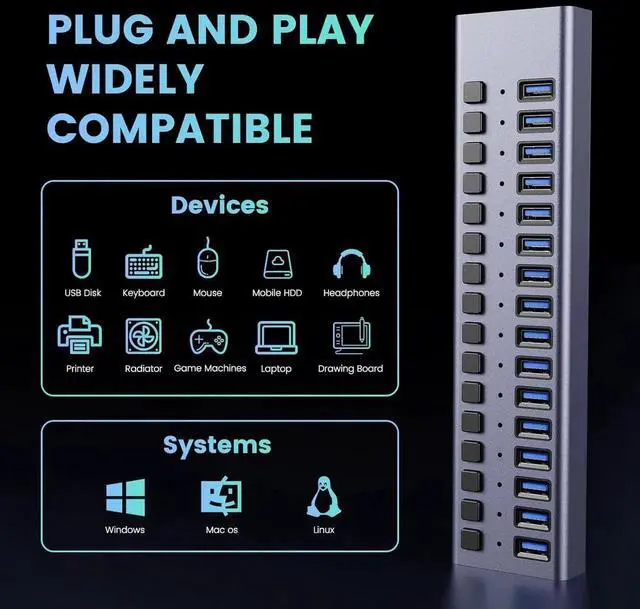 Alt view image 2 of 7 - USB Hub - KEHIPI 16 Ports 90W USB 3.0 Data Port, Aluminum Housing, Individual On/Off Switches, 12V/7.5A Power Adapter, 5Gbps High Speed, USB 3.0 Hub for Laptop, PC, Computer, Mobile HDD