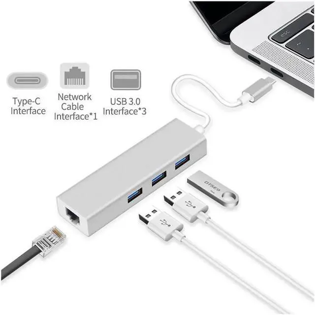 Main image of JAENFONG USB C to Ethernet Adapter with 3 Port USB3.0, USB Type C to 1000/100/10Mbps RJ45 LAN Gigabit Ethernet Network Adapter for Type C Laptops and Other USB Type C Devices,Windows 7/8/8.1/10,MacOS